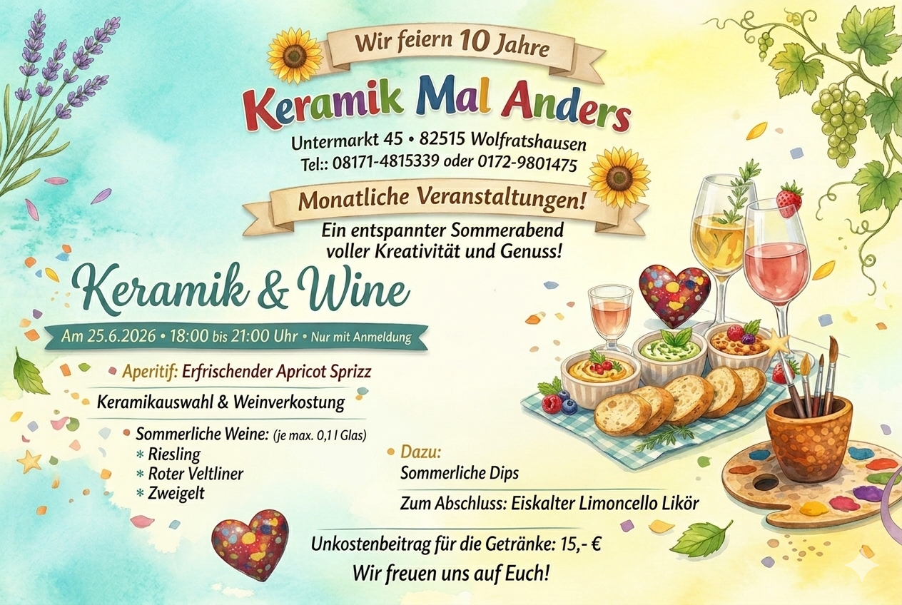 Keramik und Wein am 25. Juni im Keramik mal anders in Wolfratshausen